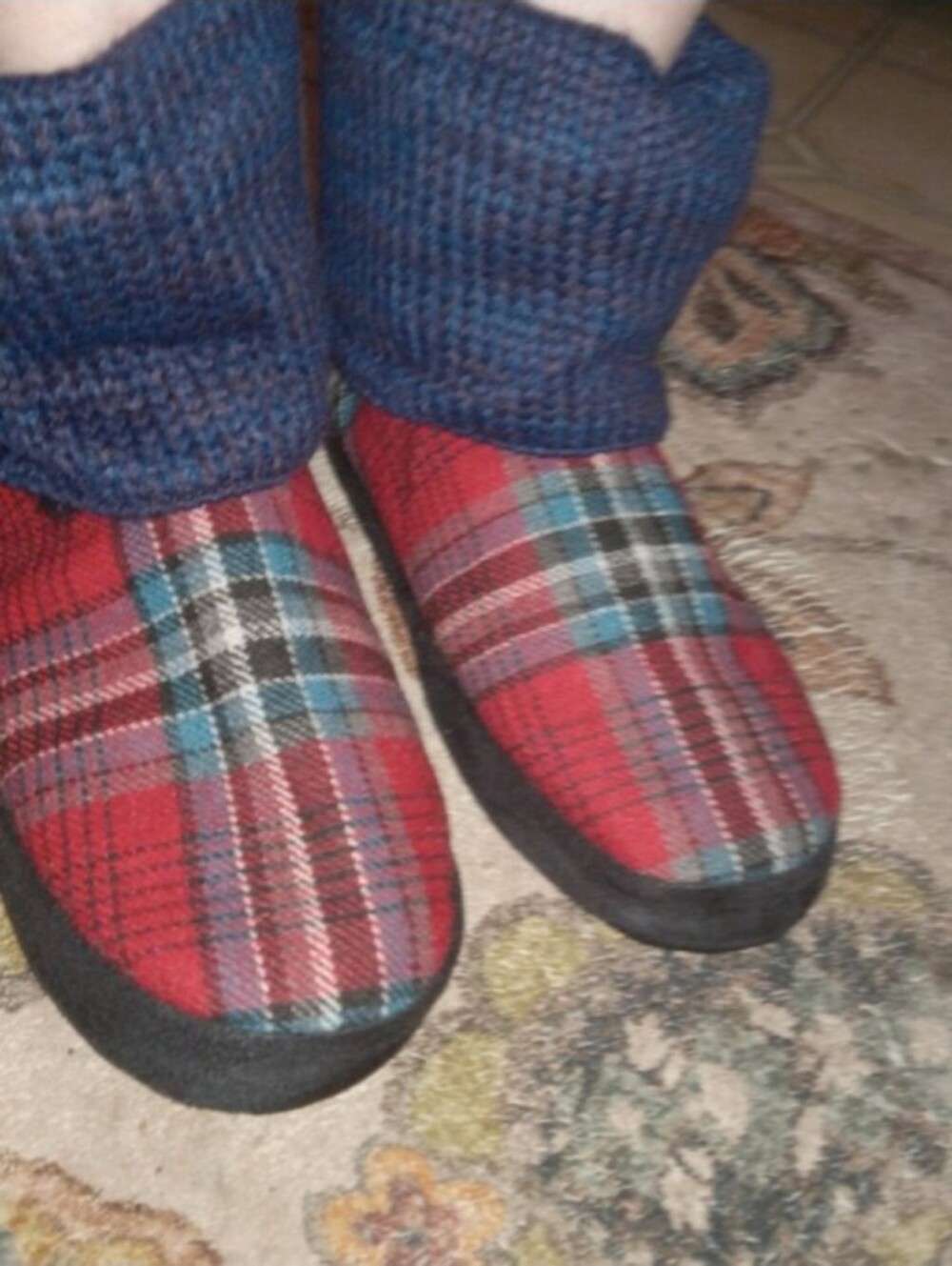 Muk Luks Red Plaid Slipper Boots with Blue Knit Cuff
